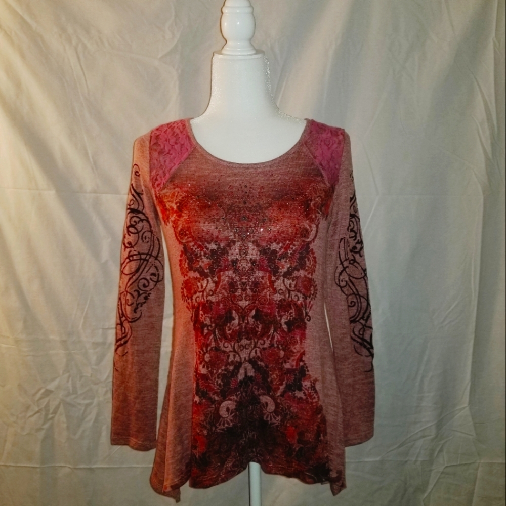 ONEWORLD LONG SLEEVE SHOULDER LACE TOP